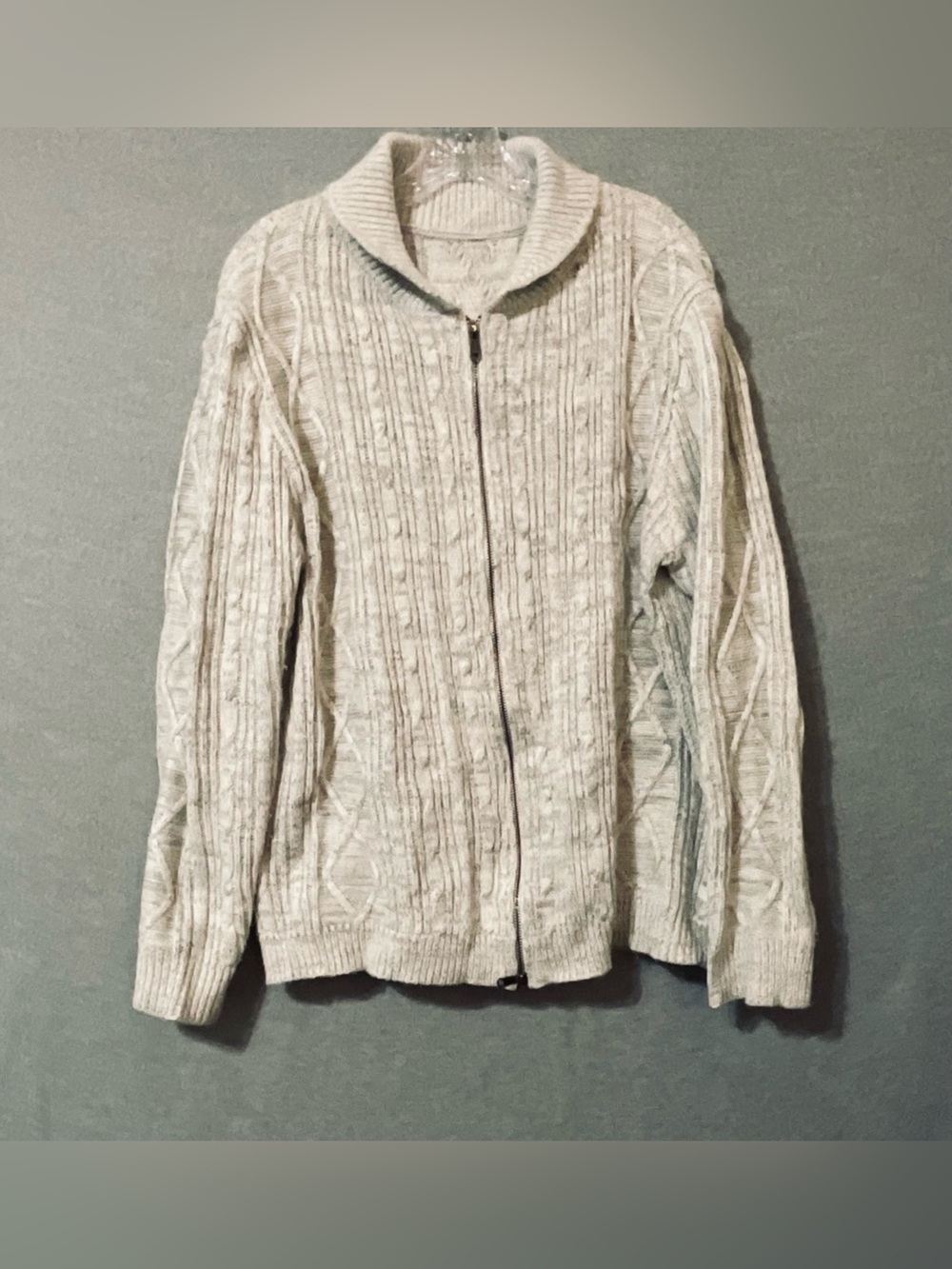 Men's Cream Cable-Knit Zip Front Sweater beige and gray Sz L